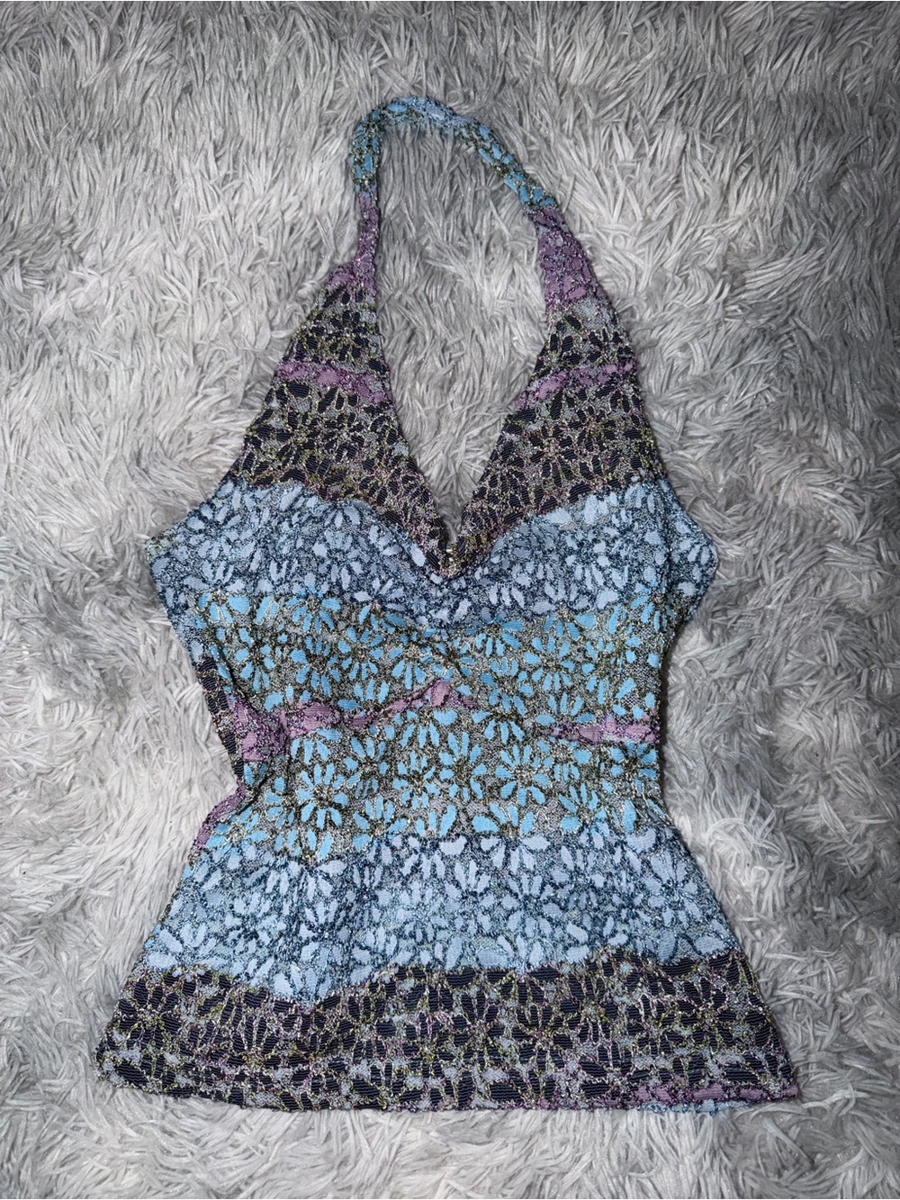 Tricot Comme des Garcons Light Blue Crochet Camisole with Multicolor Trim